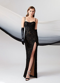 Azazie Esmeray Wedding Dresses Black Nude A-Line Sequins Stretch Satin Dress image7