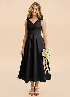 Azazie Polly Junior Vestido de Negro de Satén Elástico de Corte en A con Plisado image8