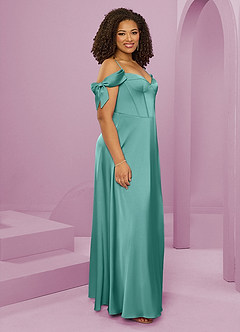 Barbie ♥ Azazie Bridesmaid Dresses Aqua A-Line Off the Shoulder Stretch Satin Dress image5