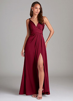 Azazie Maren Allure Bridesmaid Dresses Burgundy A-Line Lace Stretch Satin Dress image3