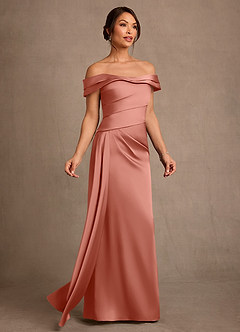 Azazie Beah Mother of the Bride Dresses Salmon Pink Sheath Off the Shoulder Stretch Satin Dress image2