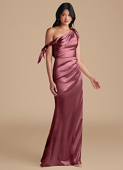 Azazie Xyla Robes de demoiselle d'honneur Robe Fourreau Convertible en Satiné métallisé Épaule décolletée Rose Du Désert image7