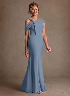 Azazie Rachael Mother of the Bride Dresses Dusty Blue Sheath Off the Shoulder Stretch Crepe Dress image2