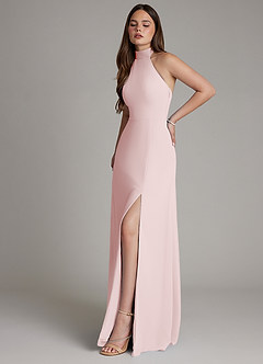 Azazie Myra Bridesmaid Dresses Blushing Pink A-Line High Neck Chiffon Dress image6