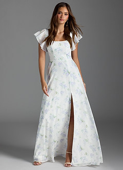 Azazie Bondi Bridesmaid Dresses Blue Vintage Floral A-Line Ruffled Chiffon Dress image2