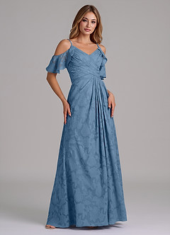 Azazie Dakota Bridesmaid Dresses Steel Blue A-Line Off the Shoulder Floral Burnout Dress image1