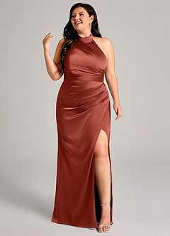 Azazie Jemma Bridesmaid Dresses Terracotta Sheath Pleated Stretch Satin Dress image9