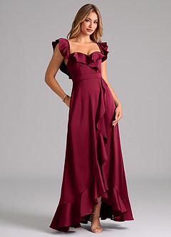 Azazie Lyra Robes de demoiselle d'honneur Robe Trapèze Convertible en Satin extensible Épaule décolletée Bourgogne image2