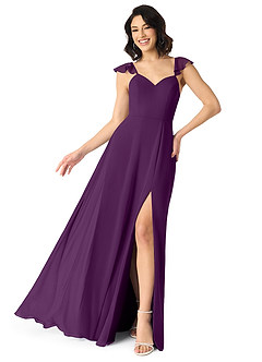 Azazie Everett Brautjungfernkleider A-Linie V-Hals Gerüscht Chiffon Kleid Traube image1