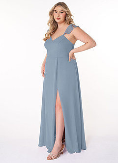 Azazie Everett Robes de demoiselle d'honneur Robe Trapèze en Mousseline de soie Col V froncé Bleu Poussiéreux image8