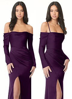 Azazie Hallie Vestidos de damas de honor Vestido de Uva de Satén Elástico de Corte Recto Convertible con Manga larga con hombros descubiertos image8