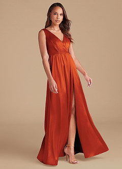 Azazie Tanicia Bridesmaid Dresses Paprika A-Line Pleated Metallic Satin Dress image4