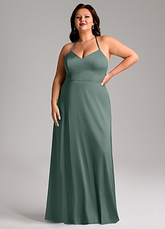 Azazie Mei Robes de demoiselle d'honneur Robe Trapèze en Satin extensible Col en V Mousse De Mer image7