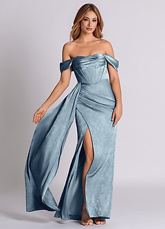 Azazie Amyra 신부 들러리 드레스 인어 오프 더 숄더 자카드 바닥 길이 드레스 image1