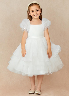 Azazie Bubbles Flower Girl Dresses Diamond White Ball-Gown with Sleeves Organza Dress image1