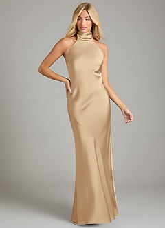 Azazie Velli Vestidos de damas de honor Vestido de Champán de Satén Elástico de Corte Sirena con Cuello Alto image3