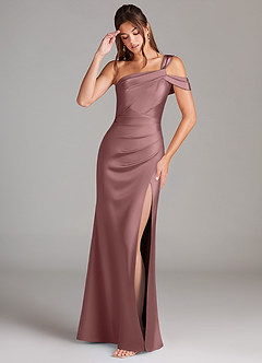 Azazie Wynter Bridesmaid Dresses Vintage Mauve Sheath Off the Shoulder Stretch Satin Dress image3