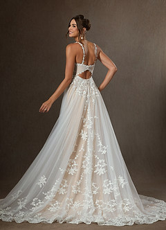 Azazie Devi Wedding Dresses Diamond White Champagne A-Line V-Neck Lace Tulle Dress image2