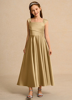 Azazie Bundle Girls Formal Flower Girl Dresses Gold A-Line Pleated Matte Satin Dress image1