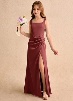 Azazie Noah Girls Formal Jurken voor bloemenmeisjes Kolom Jurk van Stretch Satijn Geplooide Terracotta image1