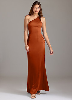 Azazie Arleth Vestidos de damas de honor Vestido de Naranja Quemada de Satén Elástico de Corte en A con Hombro unilateral image3