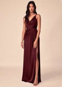 Azazie Aqua Bridesmaid Dresses Cabernet A-Line V-Neck Pleated Stretch Satin Dress image1