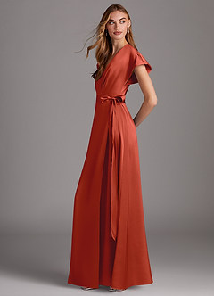 Azazie Nico Bridesmaid Dresses Rust A-Line V-Neck Stretch Satin Dress image2