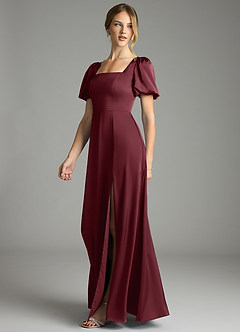 Azazie Fyona Vestidos de damas de honor Vestido de Cabernet de Satén Elástico de Corte en A con Plisado image4