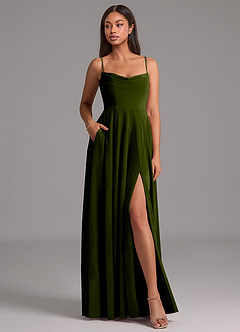 Azazie Elle Bridesmaid Dresses Olive A-Line with Pockets Velvet Dress image4