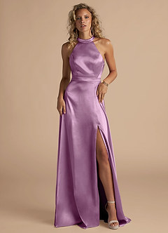 Azazie Clarice Bridesmaid Dresses Wisteria A-Line High Neck Metallic Satin Dress image4