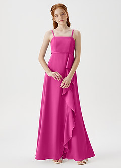 Azazie Kaylee Junior Fuchsia A-Line with Belt Stretch Satin Dress image1