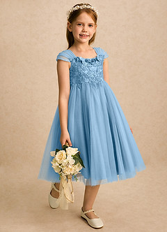 Azazie Lottie Robe Demoiselle D'honneur Fillette Robe Trapèze en Tulle Dentelle Acier Bleuté image1