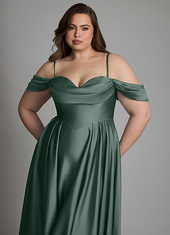 Azazie Loisa Vestidos de damas de honor Vestido Musgo Marino de Satén Elástico de Línea A con Hombros descubiertos image14