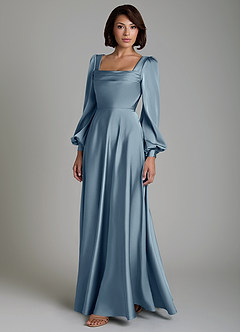 Azazie Solana Bridesmaid Dresses Dusty Blue A-Line Long Sleeve Stretch Satin Dress image6