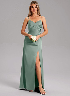 Azazie Azuree Essayer des robes à la maison Robe Trapèze en Satin extensible Plissée Eucalyptus image3