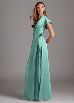 Azazie Nico Vestidos de damas de honor Vestido de Aqua de Satén Elástico de Corte en A con Cuello en V image2