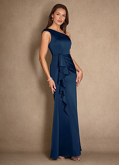 Azazie Hamptons Mother of the Bride Dresses Dark Navy A-Line Pleated Stretch Satin Dress image3