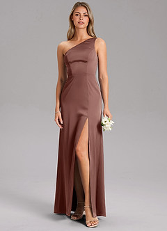 Azazie Feby Bridesmaid Dresses Espresso A-Line One Shoulder Stretch Satin Dress image3