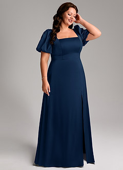 Azazie Fyona Vestidos de damas de honor Vestido de Azul Marino Oscuro de Satén Elástico de Corte en A con Plisado image13