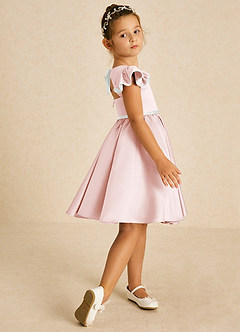 Azazie Sugar Plum Blumenmädchenkleider A-Linie Schleifen Matte Satin Kleid Errötendes Rosa Elfenbein image3