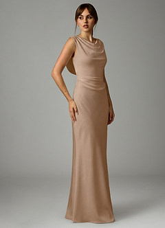 Azazie Kieryn Bridesmaid Dresses Taupe Mermaid Pleated Stretch Satin Dress image4