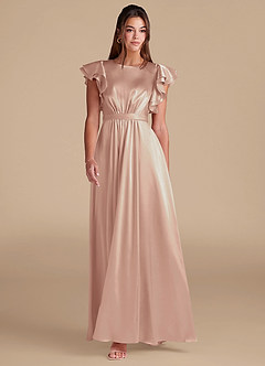 Azazie Daphne Modest Bridesmaid Dresses A-Line Ruched Metallic Satin Floor-Length Dress image3