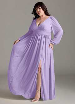 Azazie Norah Bridesmaid Dresses Lilac A-Line V-Neck Long Sleeve Chiffon Dress image10
