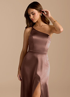 Azazie Trina At-home Try On Dresses Auburn A-Line One Shoulder Metallic Satin Dress image7