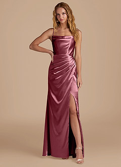 Azazie Marzia Vestidos de damas de honor Vestido de Rosa Del Desierto de Satén Metálico de Corte Sirena con Plisado image1