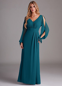 Azazie Matilda Final Sale Ink Blue A-Line Long Sleeve Chiffon Dress image3