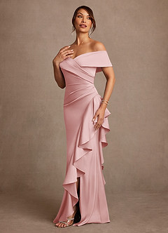 Azazie Kirsty Mère de la mariée Robes Robe Fourreau en Satin extensible Épaule décolletée Rose Poudré image3
