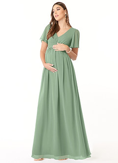 Azazie Verna Robes de demoiselle d'honneur de maternité Robe Trapèze Col V froncé Longueur ras du sol Mousseline de soie image3
