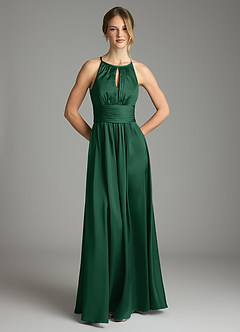 Azazie Bonnie Bridesmaid Dresses Dark Green A-Line Pleated Stretch Satin Dress image3