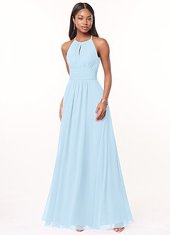 Azazie Bonnie Robes de demoiselle d'honneur Robe Trapèze en Mousseline de soie Trou de serrure froncé Bleu Ciel image1